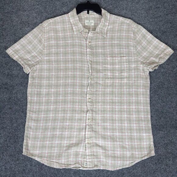 Mutual Weave Shirt Mens XL Beige Red Plaid Linen‎ Short Sleeve Button Up Pocket - Picture 1 of 7